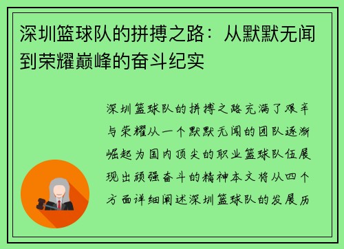深圳篮球队的拼搏之路：从默默无闻到荣耀巅峰的奋斗纪实